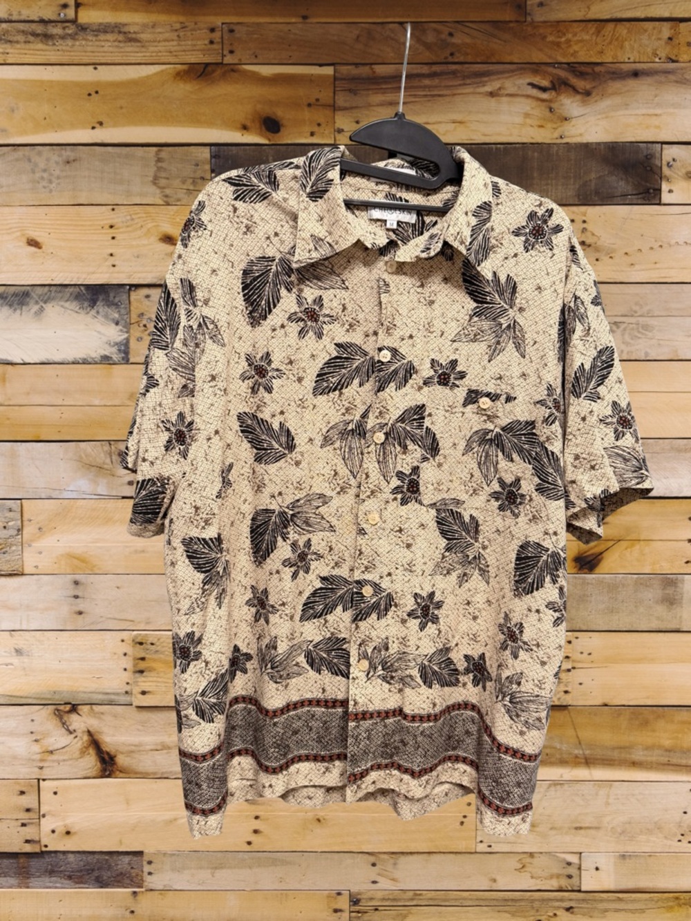 Chereskin 100% Silk Batik Tropical Print Camp Shirt Tan Black Relaxed Fit Size M